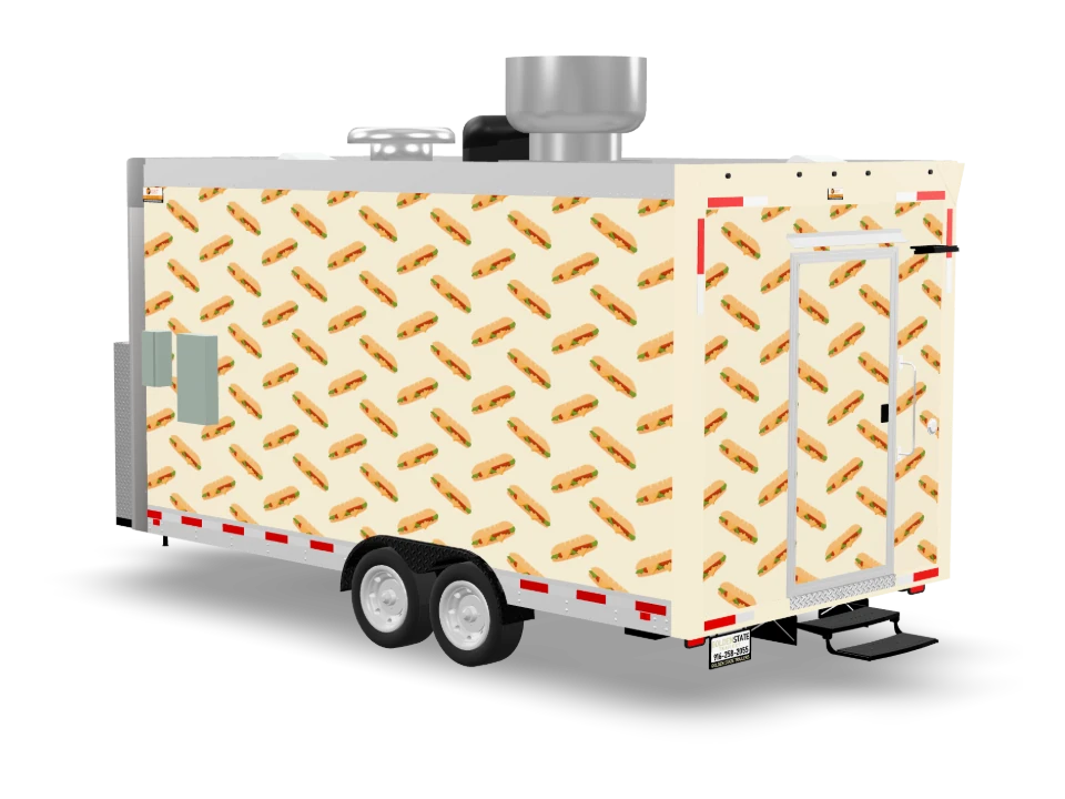Banh Mi Food Trailer with custom wrap, front view, Golden State Trailers