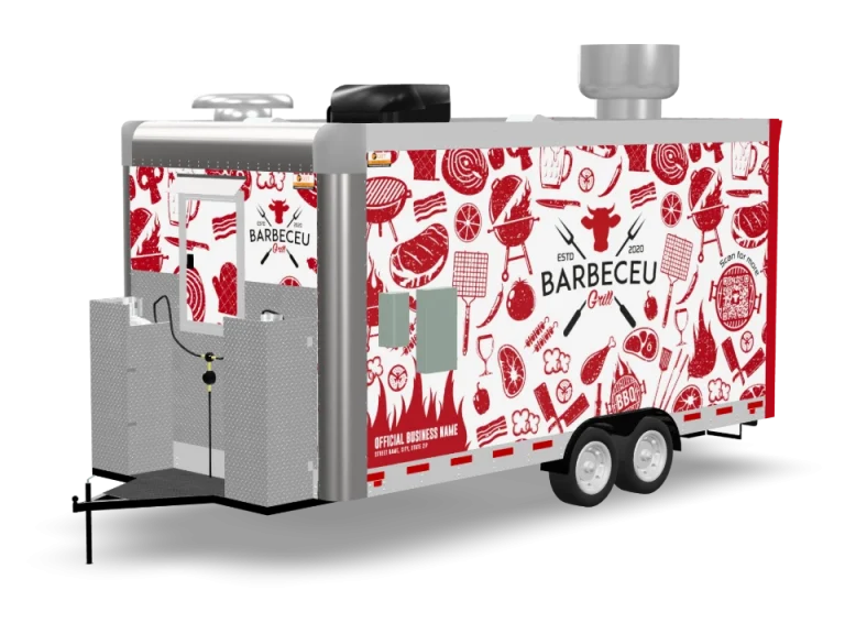 Bbq Food Trailer with custom wrap, rear view, Golden State Trailers