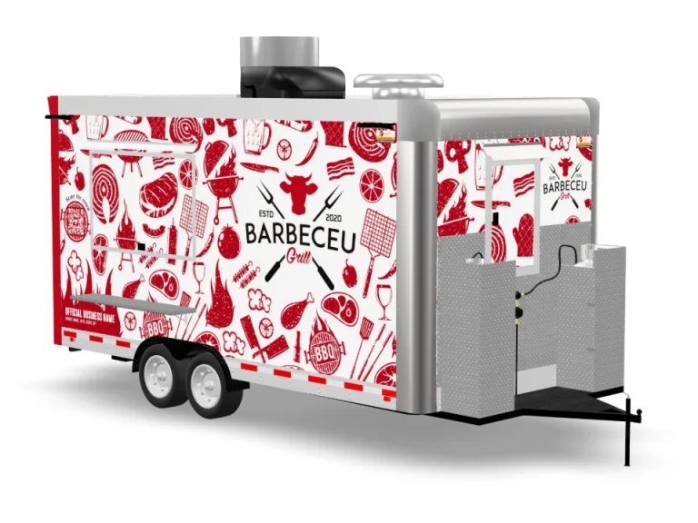 Bbq Food Trailer with custom wrap on white background