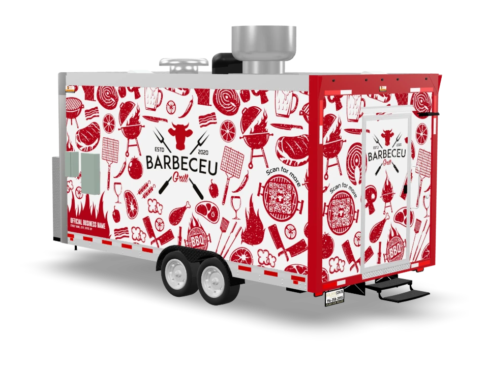 Bbq Food Trailer with custom wrap, front view, Golden State Trailers