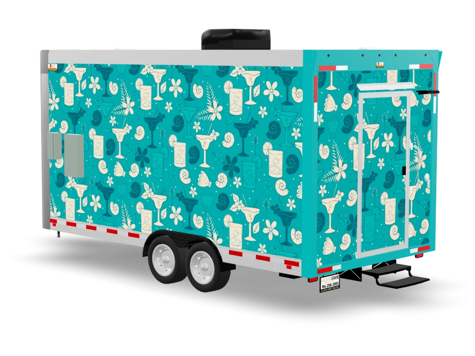 Beverages Bars with custom wrap, front view, Golden State Trailers