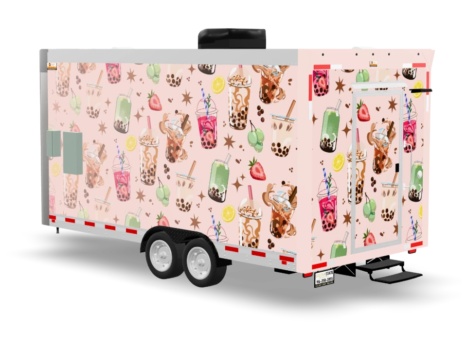 Boba Food Trailer with custom wrap, front view, Golden State Trailers