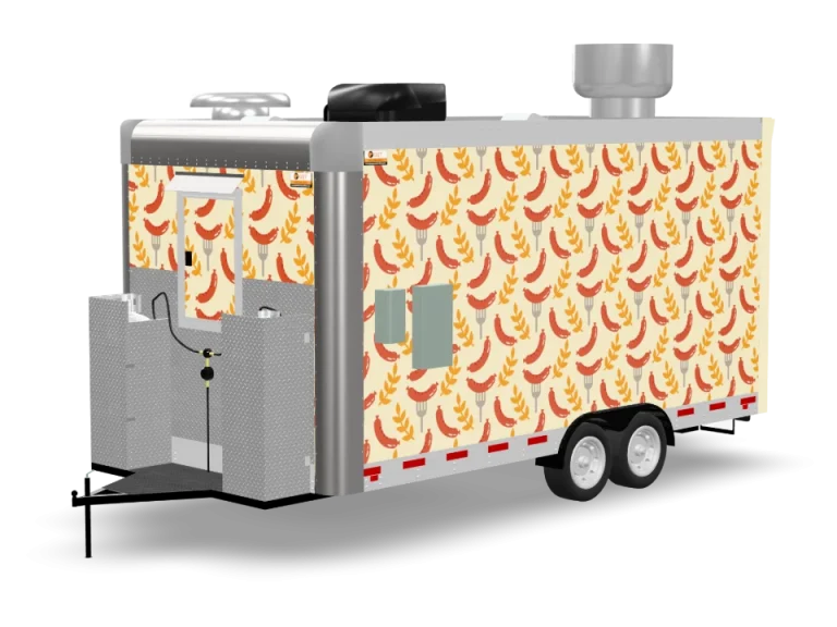 Bratwurst Food Trailer with custom wrap, rear view, Golden State Trailers