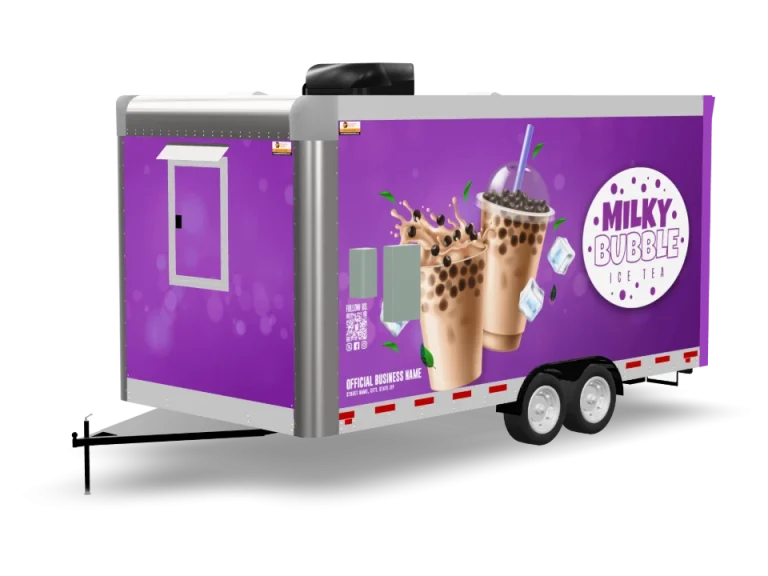 Bubble Tea Food Trailer with custom wrap, rear view, Golden State Trailers