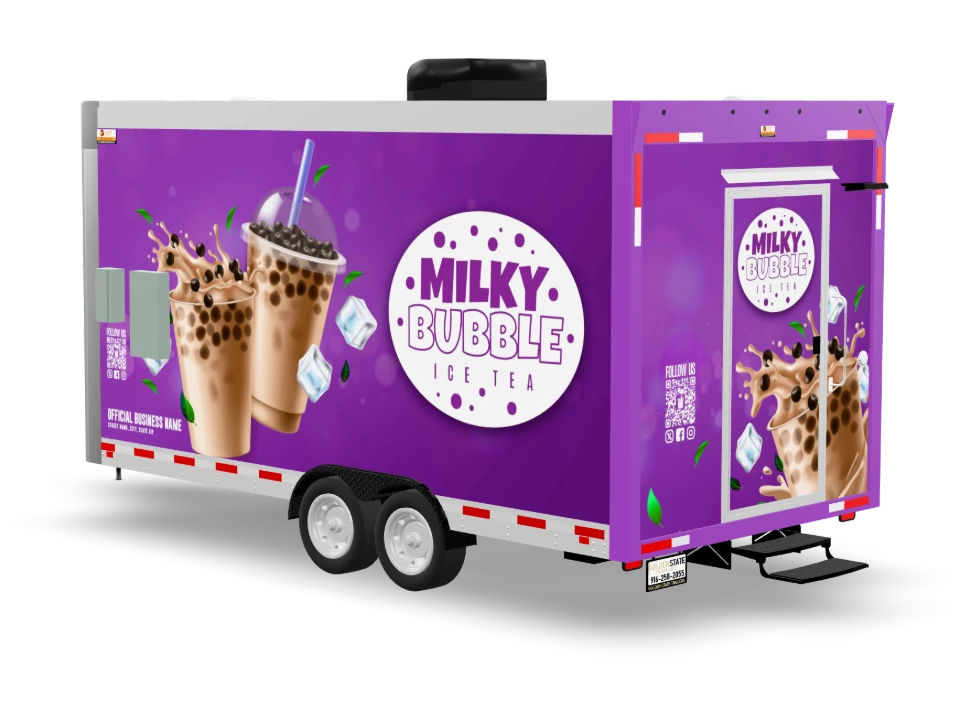 Bubble Tea Food Trailer with custom wrap, front view, Golden State Trailers