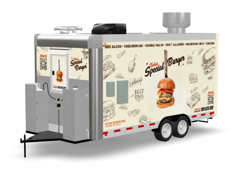 Burger Food Trailer with custom wrap, rear view, Golden State Trailers