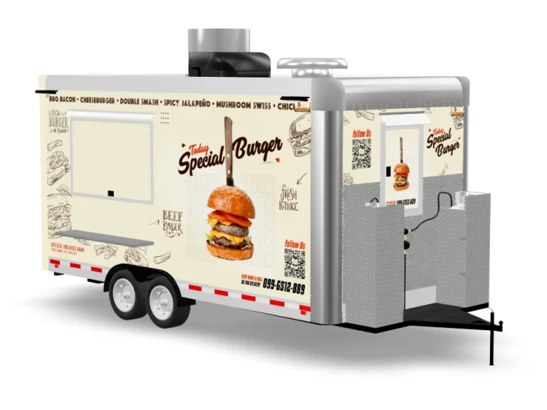 Burger Food Trailer with custom wrap on white background
