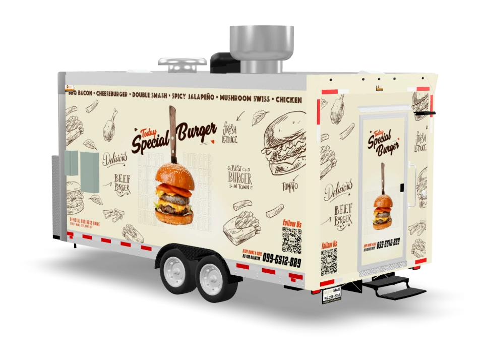 Burger Food Trailer with custom wrap, front view, Golden State Trailers