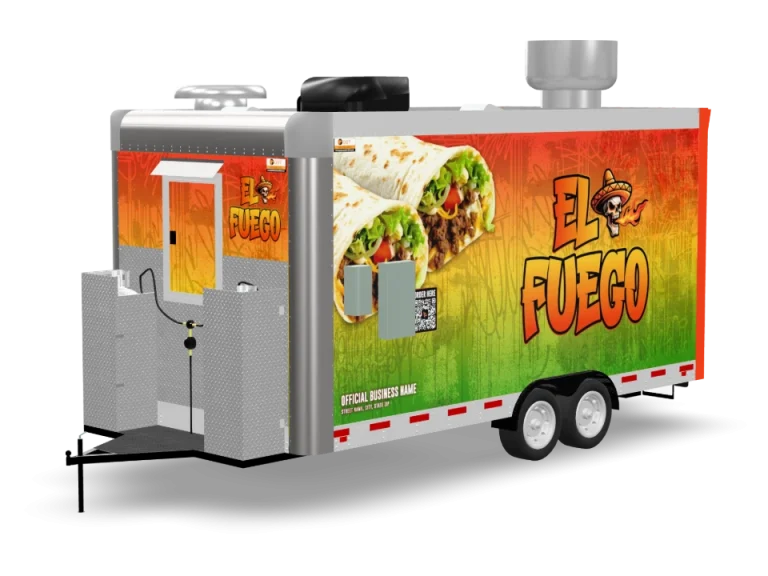 Burrito Food Trailer with custom wrap, rear view, Golden State Trailers