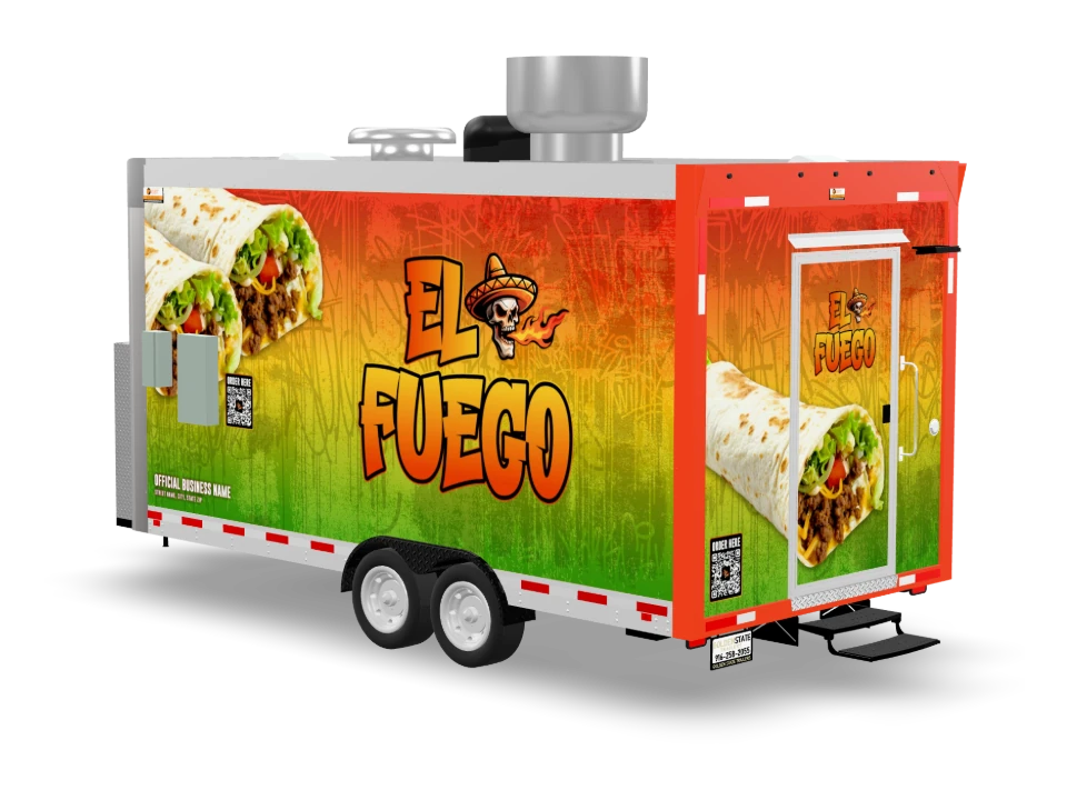 Burrito Food Trailer with custom wrap, front view, Golden State Trailers
