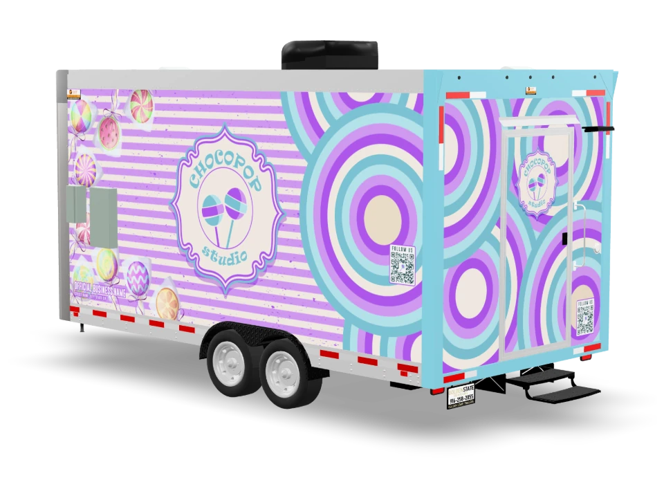 Cake Pop Food Trailer with custom wrap, front view, Golden State Trailers