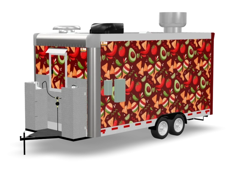 Chili Food Trailer with custom wrap, rear view, Golden State Trailers