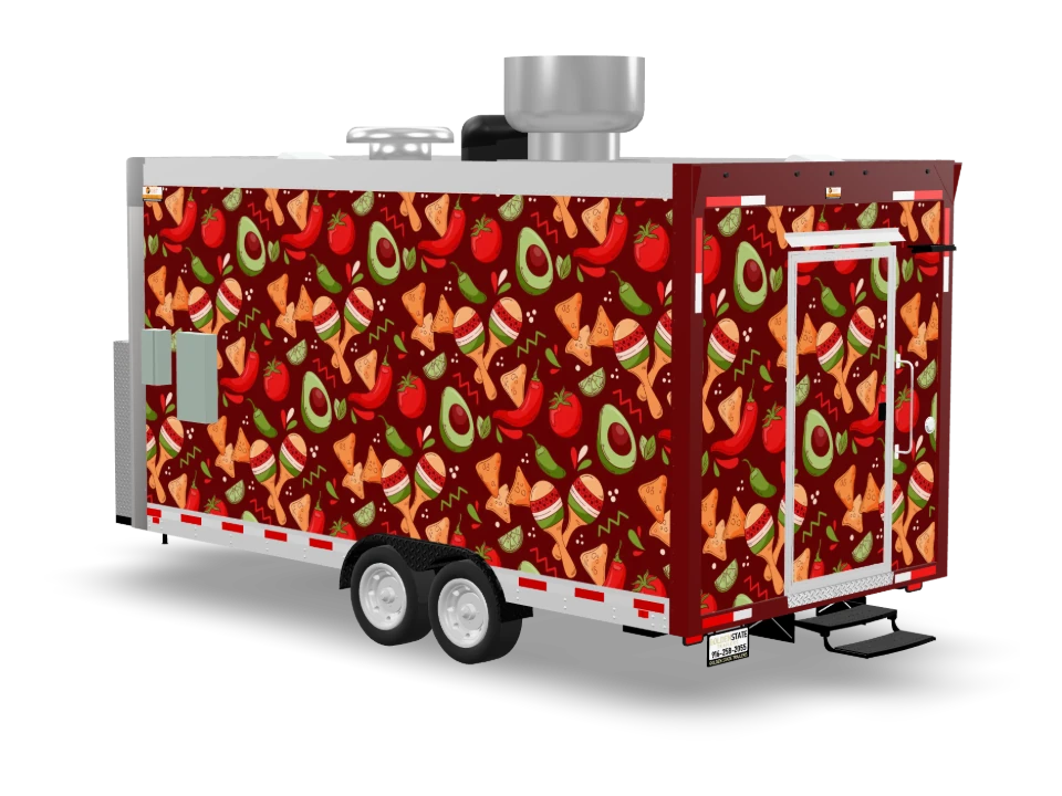 Chili Food Trailer with custom wrap, front view, Golden State Trailers