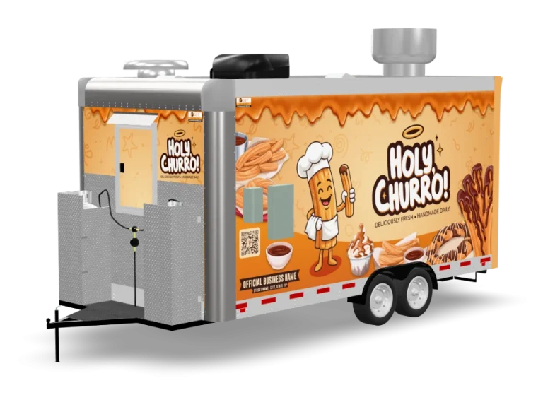 Churro Food Trailer with custom wrap, rear view, Golden State Trailers