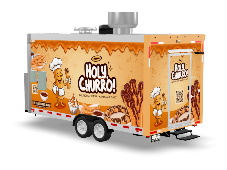 Churro Food Trailer with custom wrap, front view, Golden State Trailers