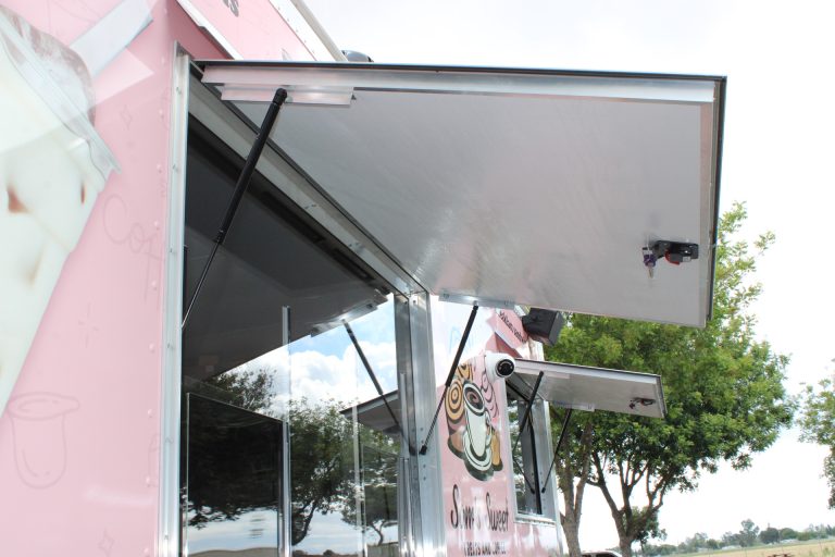 Custom coffee food trailer service window.