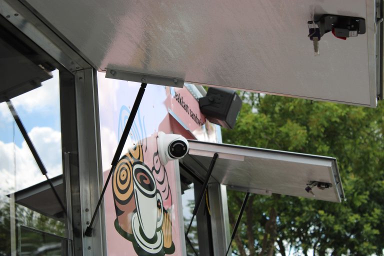 Coffee trailer fold-out service area.