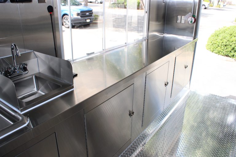 Coffee food trailer stainless steel service counter.