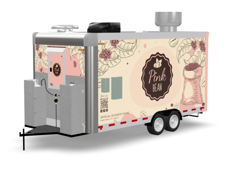 Coffee Food Trailer with custom wrap, rear view, Golden State Trailers