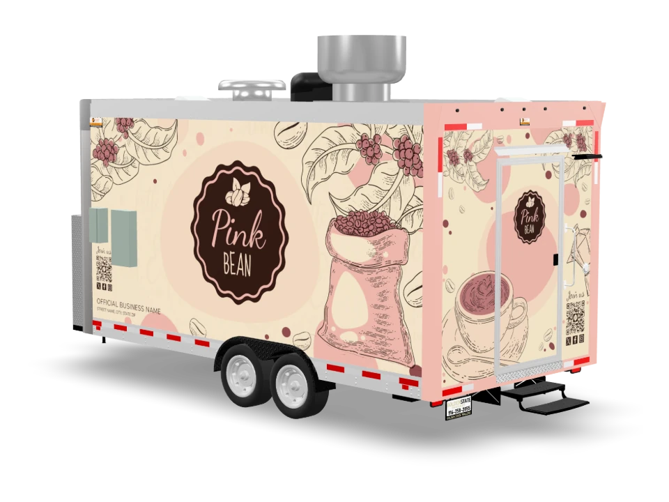 Coffee Food Trailer with custom wrap, front view, Golden State Trailers