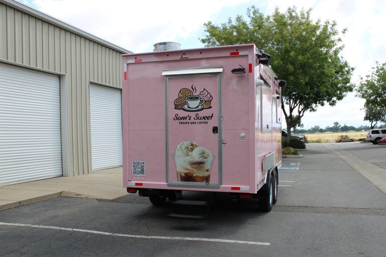 Rear exterior of Sam’s Sweet Treats custom coffee trailer.
