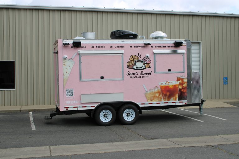Finished custom coffee trailer side view.