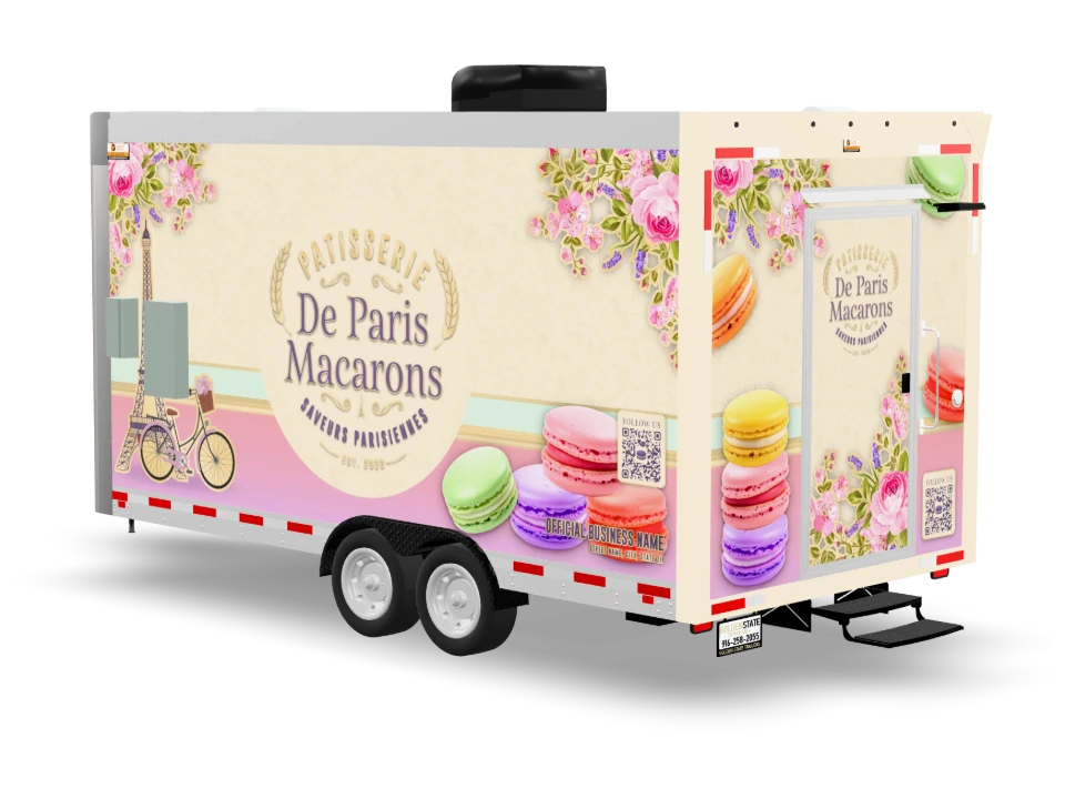Cookie Food Trailer with custom wrap, front view, Golden State Trailers