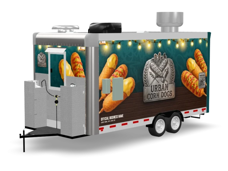 Corn Dog Food Trailer with custom wrap, rear view, Golden State Trailers