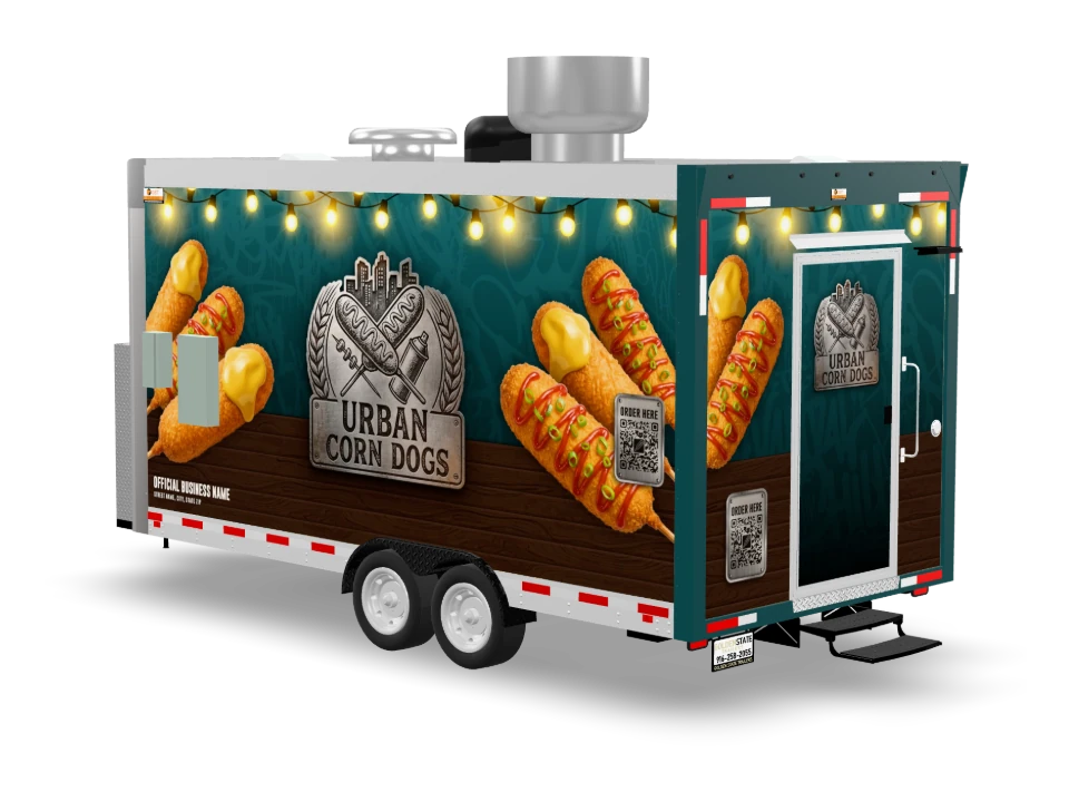 Corn Dog Food Trailer with custom wrap, front view, Golden State Trailers