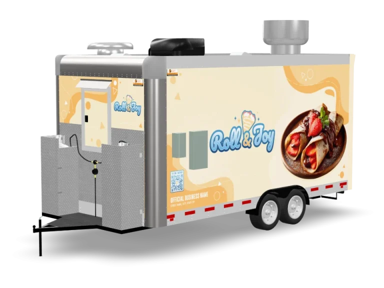 Crepes Food Trailer with custom wrap, rear view, Golden State Trailers