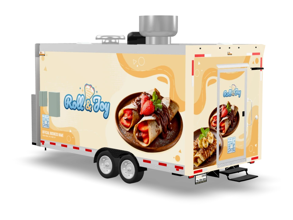 Crepes Food Trailer with custom wrap, front view, Golden State Trailers