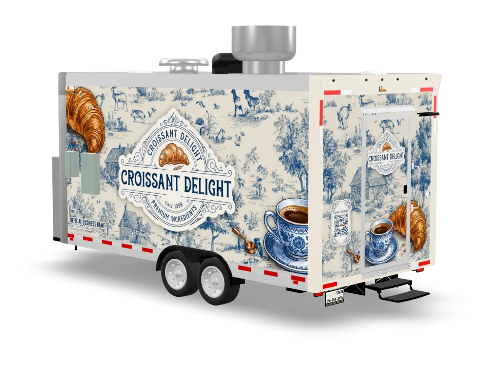 Croissant Food Trailer with custom wrap, front view, Golden State Trailers