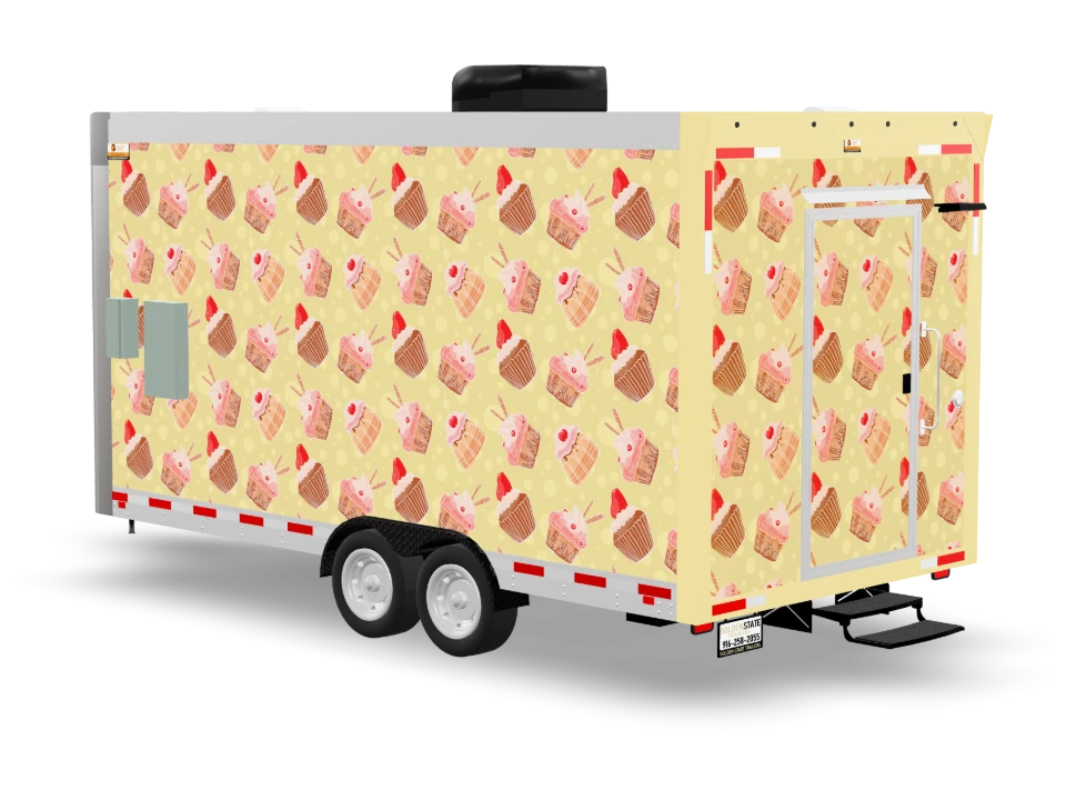Cupcake Food Trailer with custom wrap, front view, Golden State Trailers
