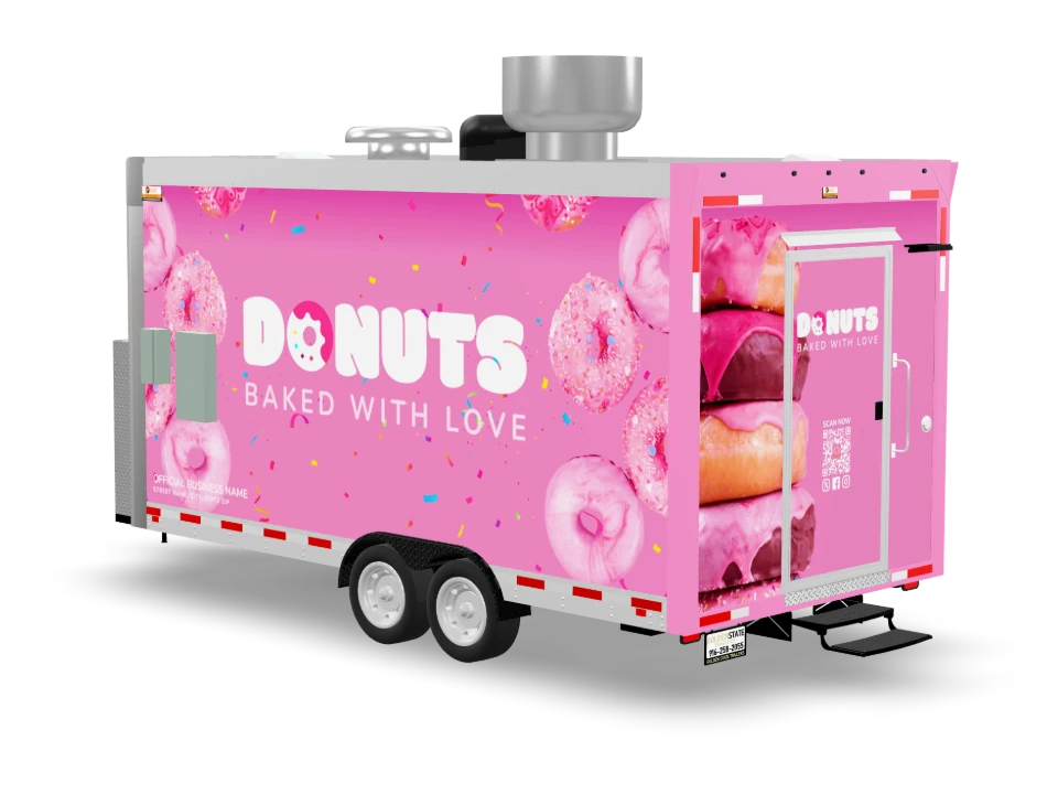 Donuts Food Trailer with custom wrap, front view, Golden State Trailers