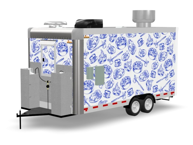 Dumpling Food Trailer with custom wrap, rear view, Golden State Trailers