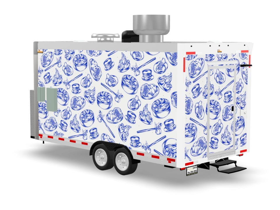 Dumpling Food Trailer with custom wrap, front view, Golden State Trailers