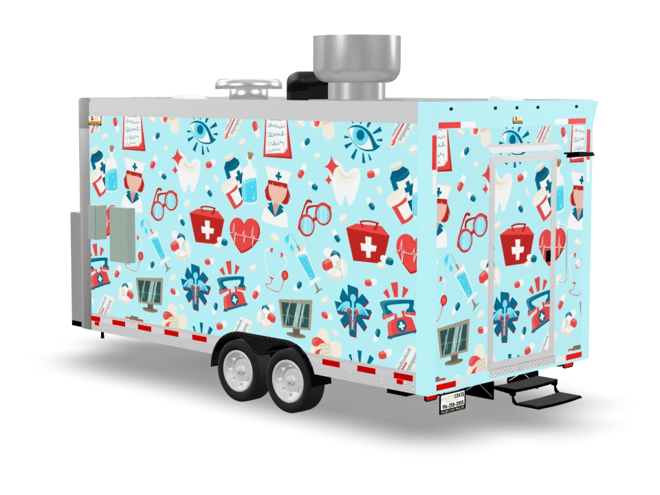 Emergency Food Trailer with custom wrap, front view, Golden State Trailers