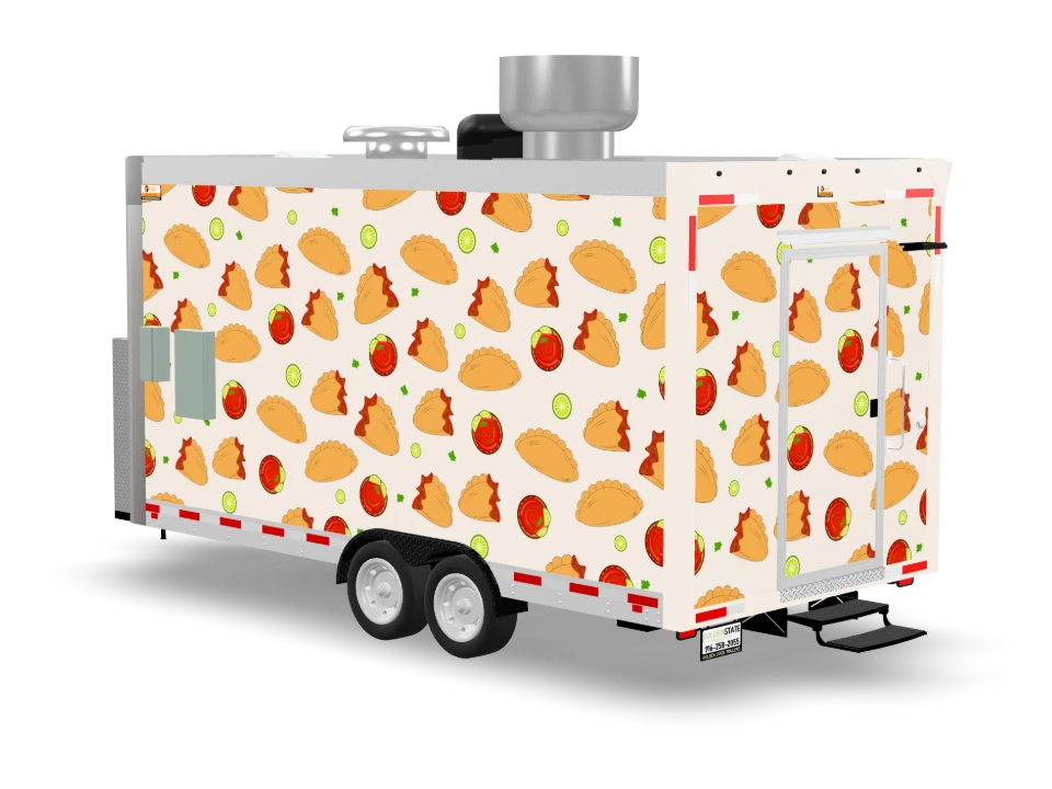 Empanada Food Trailer with custom wrap, front view, Golden State Trailers