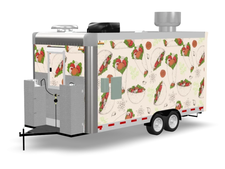 Falafel Food Trailer with custom wrap, rear view, Golden State Trailers