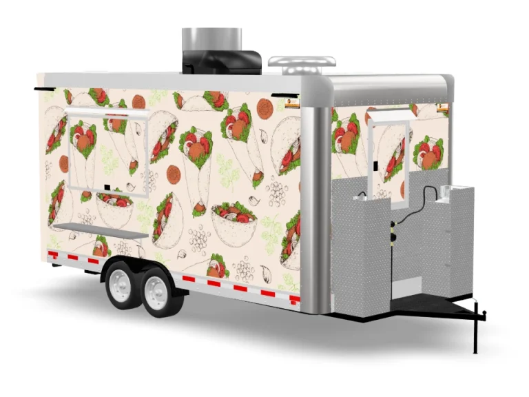 Falafel Food Trailer with custom wrap on white background