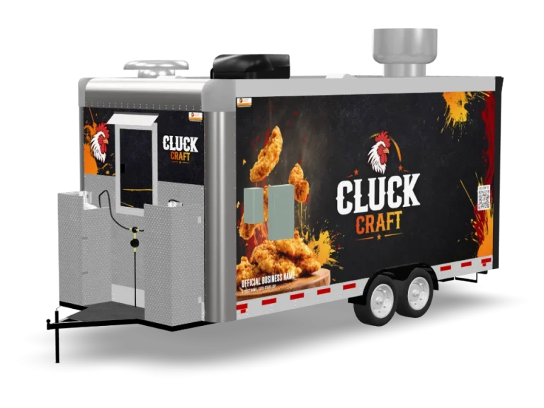 Fried Chicken Food Trailer with custom wrap, rear view, Golden State Trailers