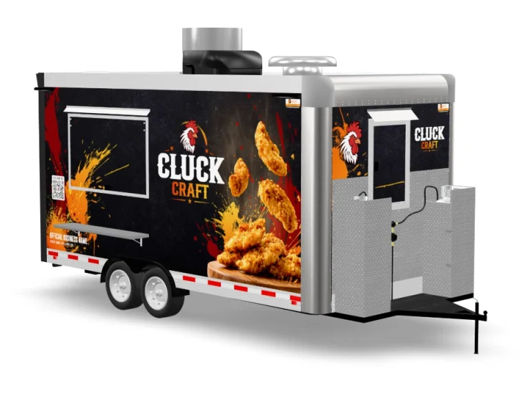 Fried Chicken Food Trailer with custom wrap on white background