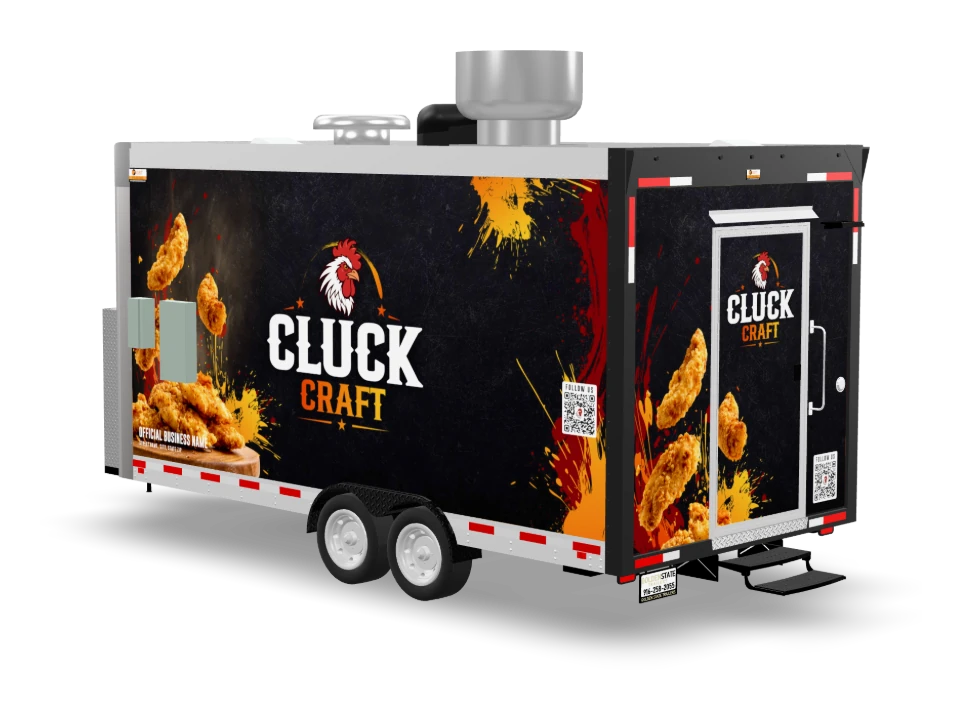 Fried Chicken Food Trailer with custom wrap, front view, Golden State Trailers