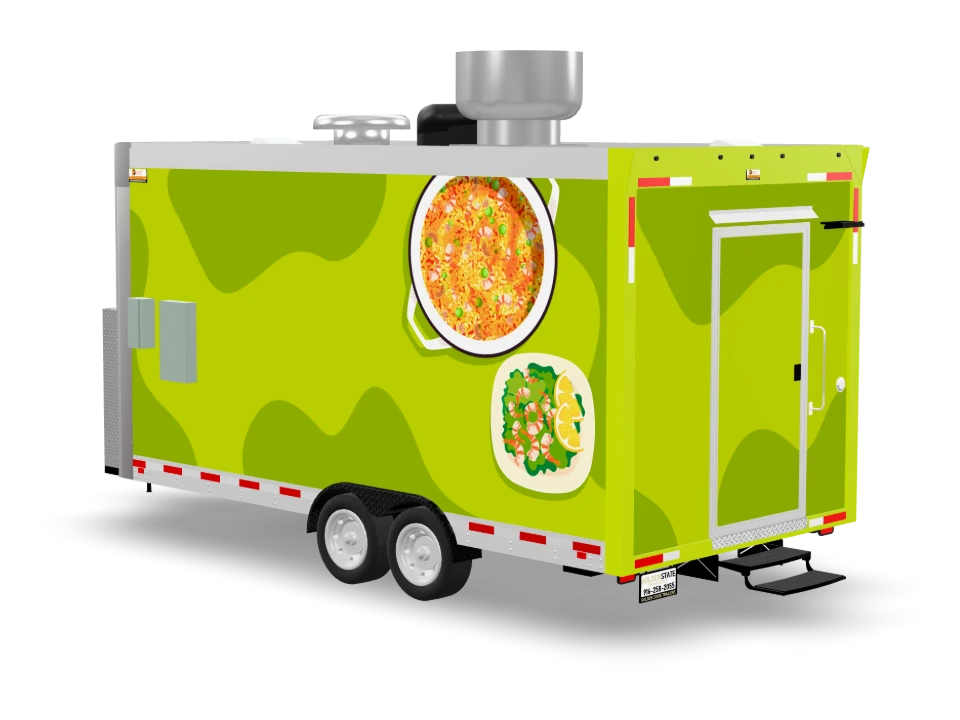 Fried Rice Food Trailer with custom wrap, front view, Golden State Trailers