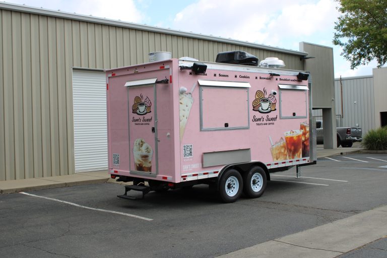 Rear left exterior of the custom 16ft coffee food trailer built for Sam's Sweet Treats and Coffee.