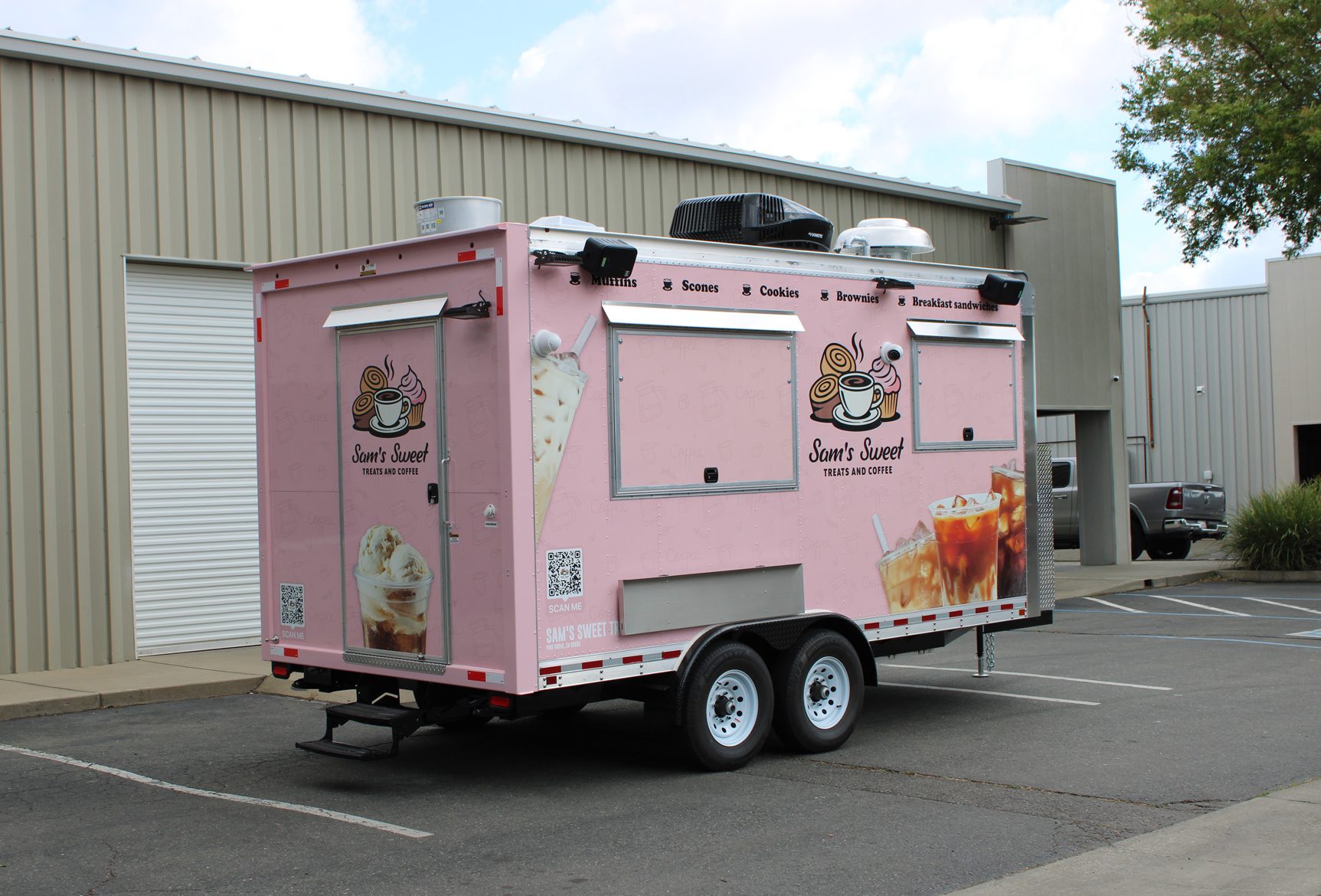 Rear left exterior of the custom 16ft coffee food trailer built for Sam's Sweet Treats and Coffee.
