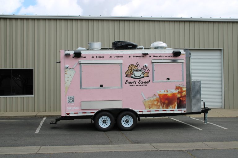 Service side of the custom 16ft coffee food trailer for Sam's Sweet Treats and Coffee.