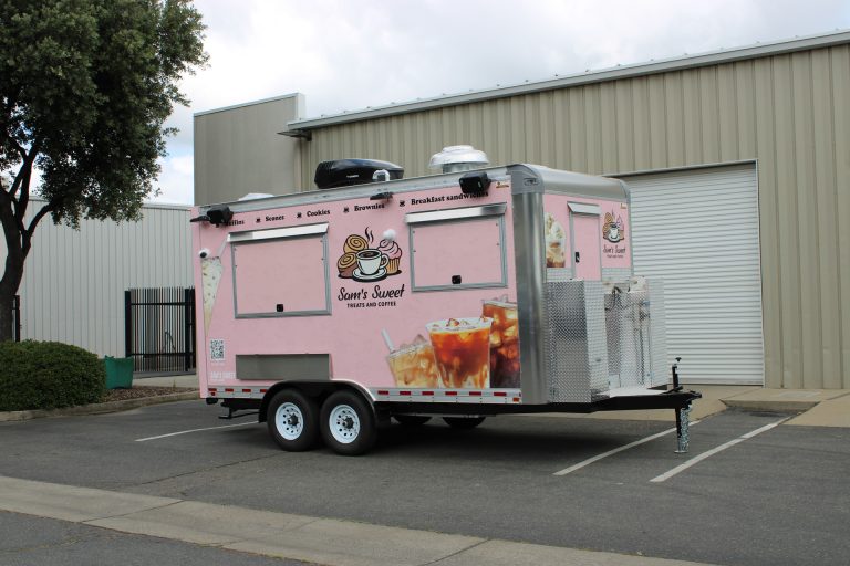 Custom 16ft coffee food trailer built for Sam's Sweet Treats and Coffee by Golden State Trailers.