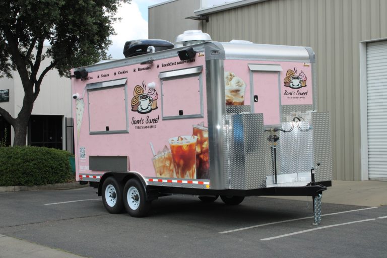 Front right exterior of the custom 16ft coffee food trailer built for Sam's Sweet Treats and Coffee.