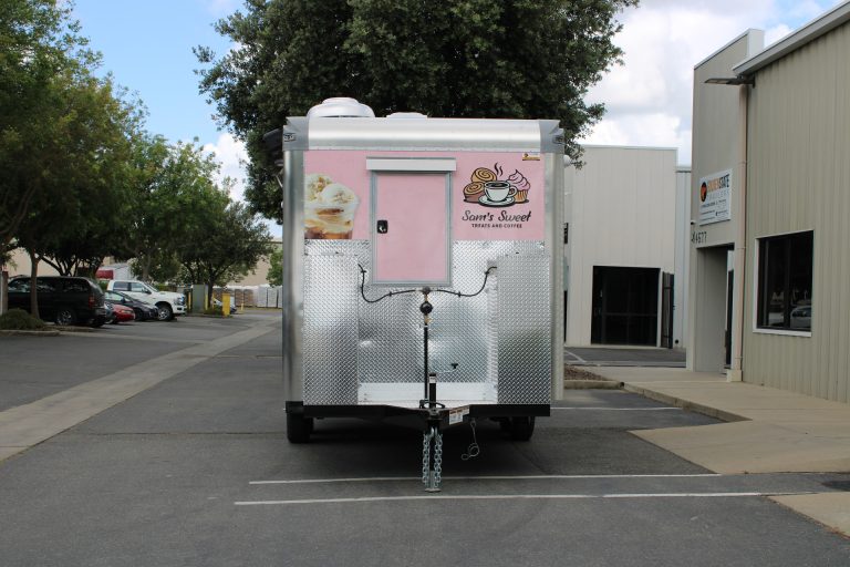 Front exterior of the custom 16ft coffee food trailer for Sam's Sweet Treats and Coffee.